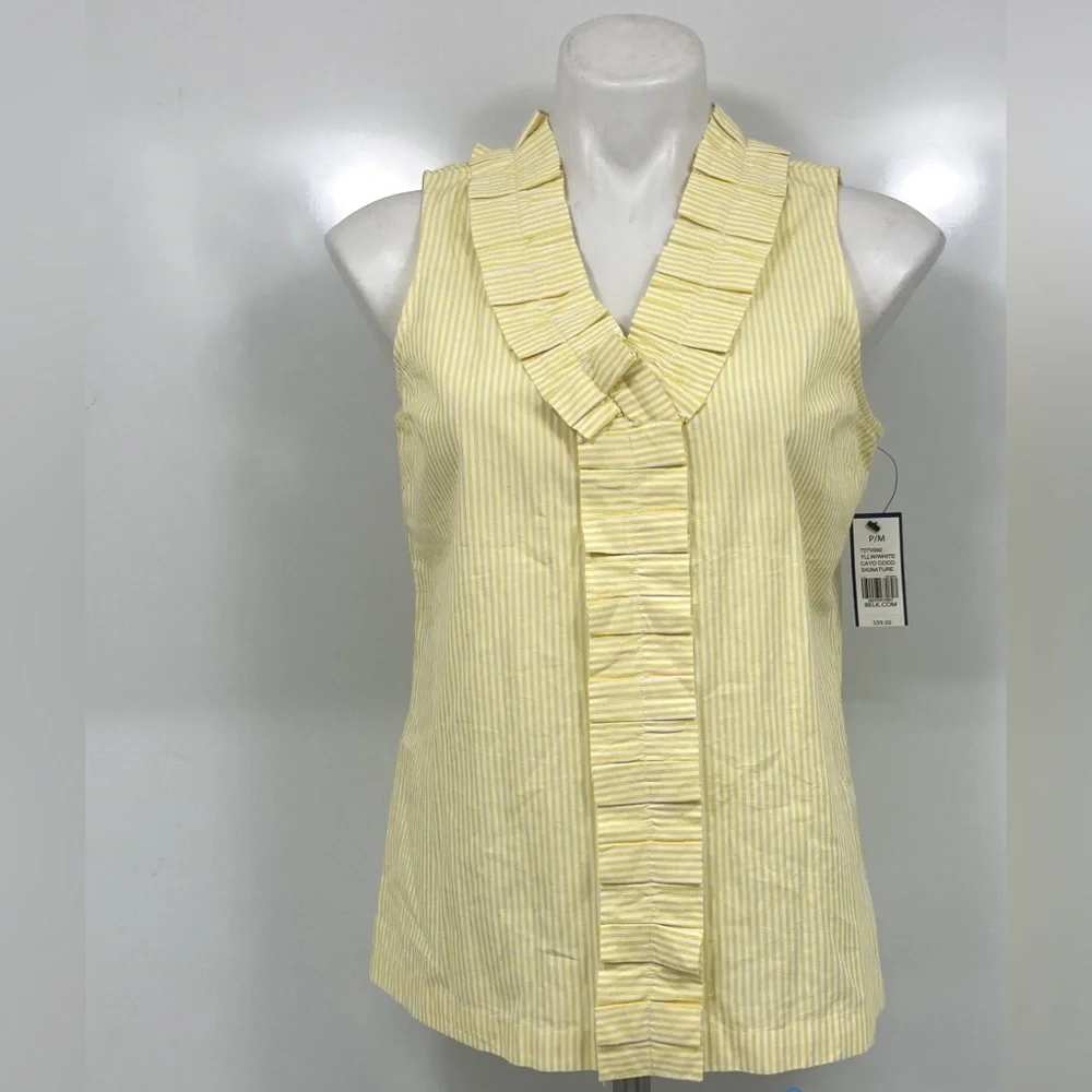 Crown & Ivy Women Yellow Striped Ruffle Neck Sleeveless Blouse Top Size PM NWT - Picture 2 of 6